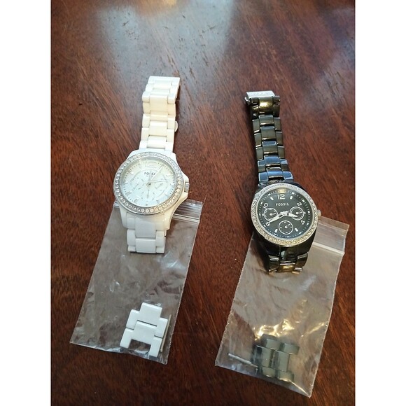 FOSSIL Women's Stainless Steel Rhinestone Face Lot of 2 Watches White/Black - Picture 8 of 8